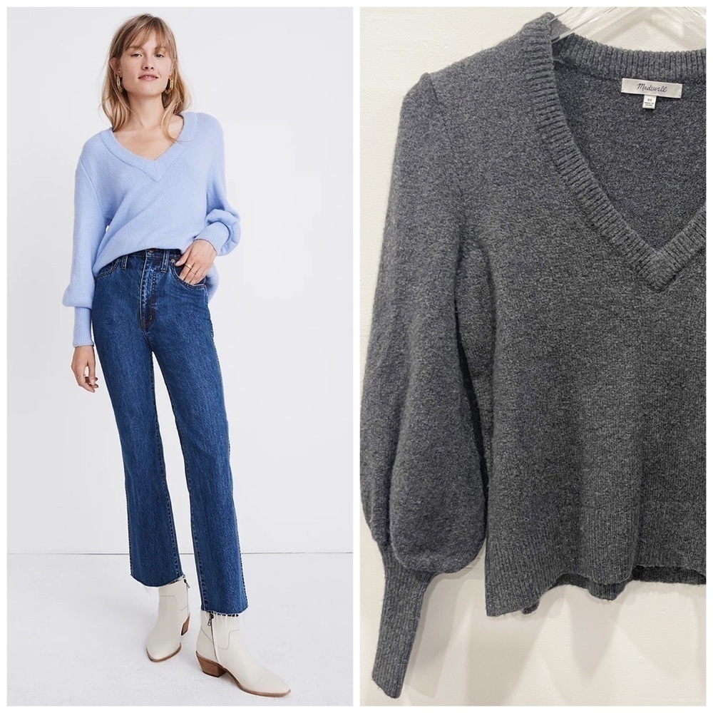 Madewell Dashwood V-Neck Sweater Coziest Yarn Heather Grey XS Wool Blend
